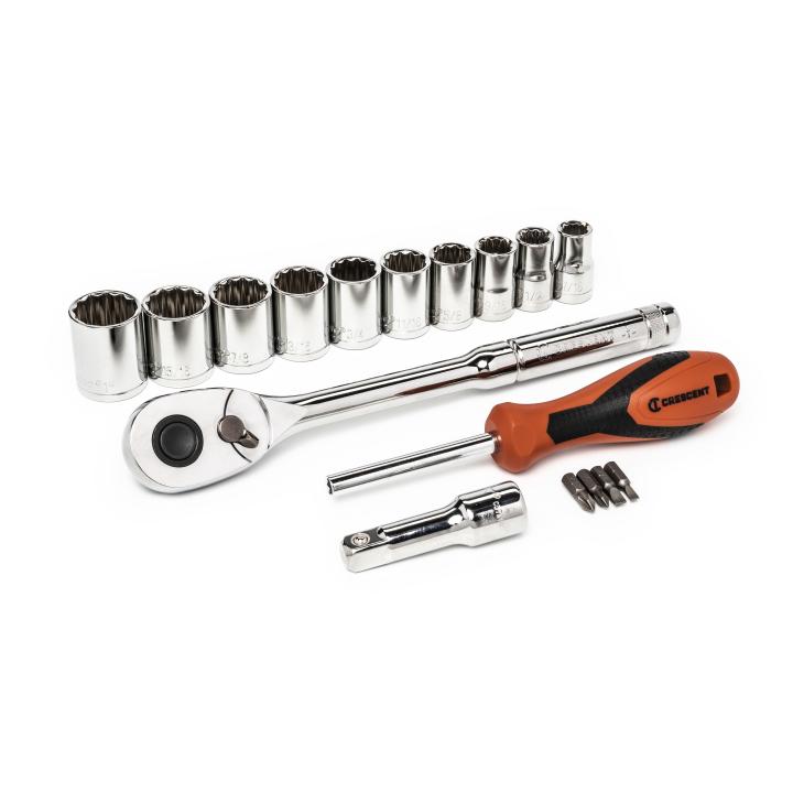 Image of 17 Pc. 1/2" Drive 12 Point SAE Mechanics Tool Set - Crescent